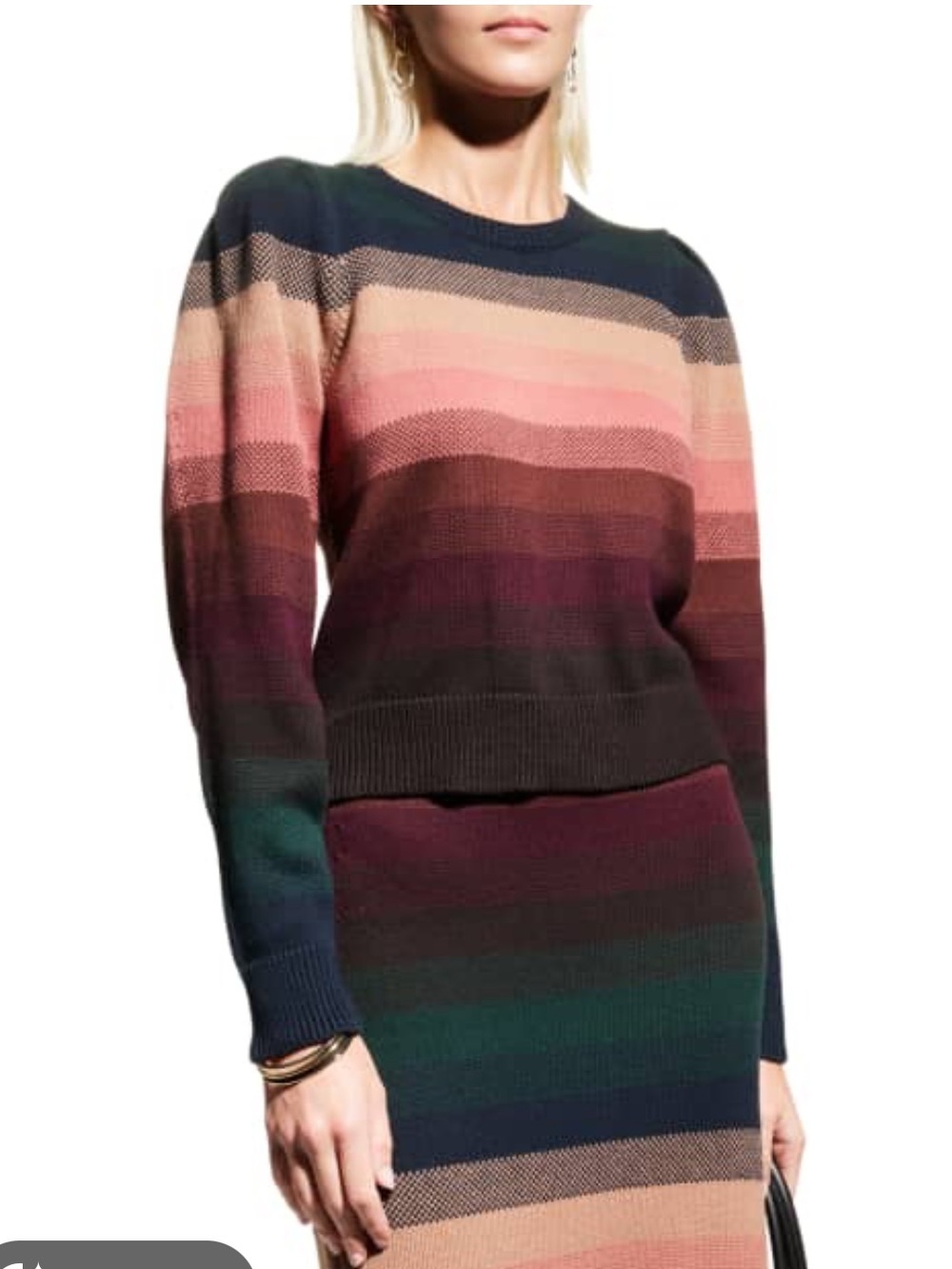 PAIGE Castillo Cotton Cashmere Crew Neck Stripe Puff Sleeve Sweater Women Size S